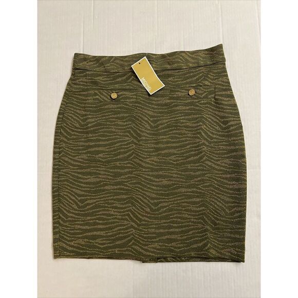 Michael Kors Skirt Womens Size X-SMALL Army Green Metallic Gold Zebra Pencil NWT - Picture 1 of 9
